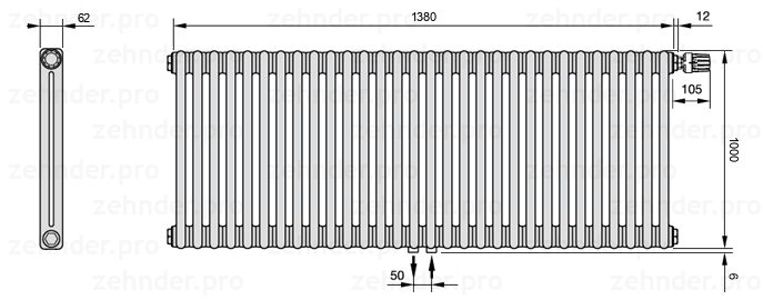 Схема (чертеж) Радиатор Zehnder Charleston 2100/30 №V008 Белый глянцевый RAL 9016